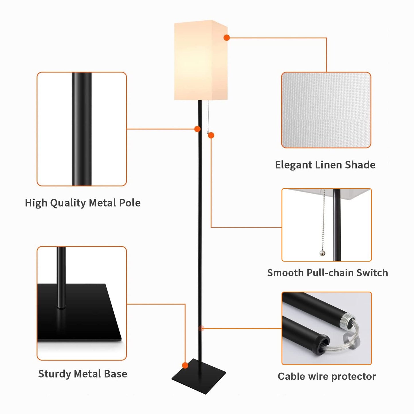 FIGDIFOR Floor Lamp, Modern Linen Shade, Black, Model FL-201030, Ideal for Living Room, Bedroom, Office, Kids Room, Bulb Included