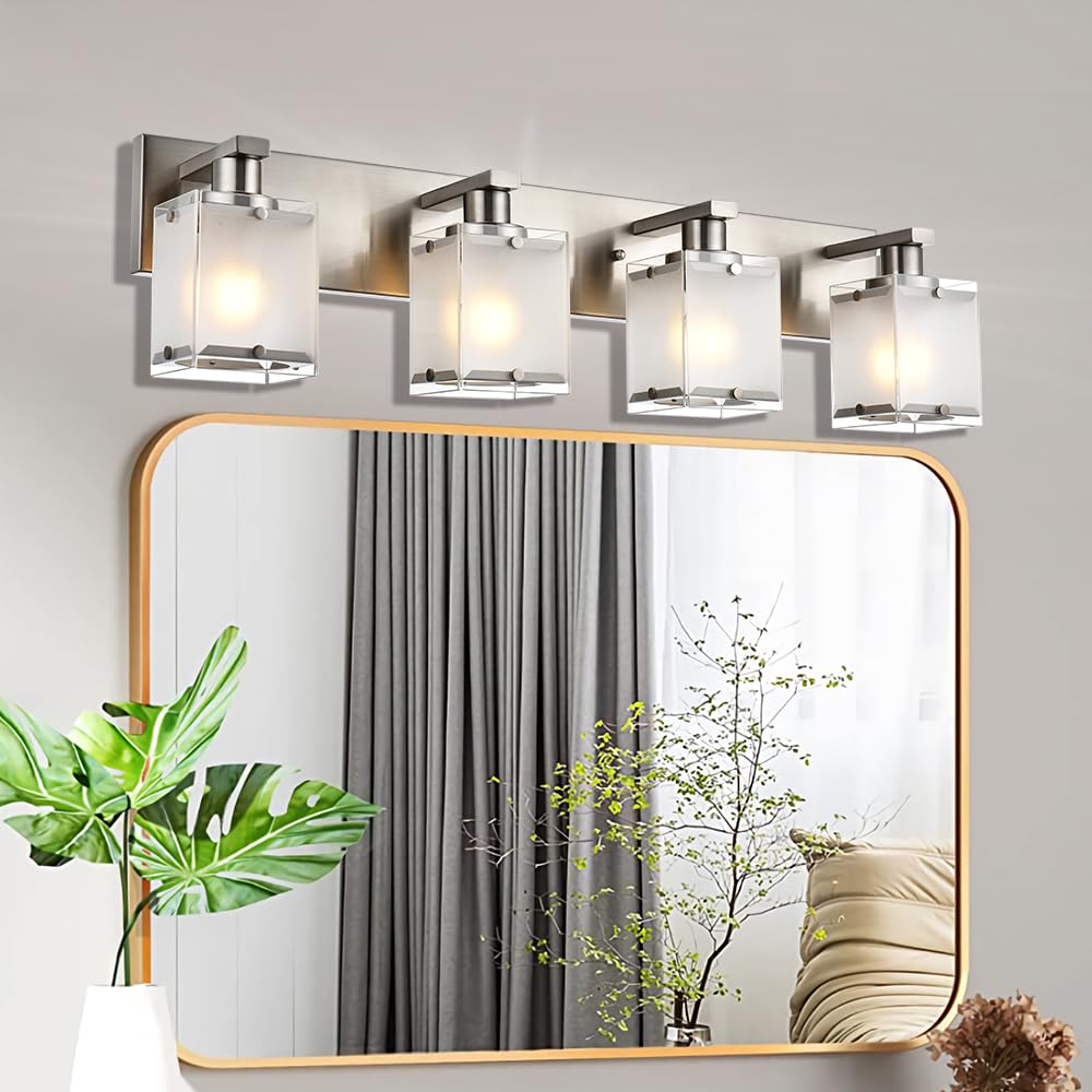 Winshen 4-Lights Bathroom Light Fixtures Over Mirror  Brushed Nickel Vanity Wall Mounted Lighting With Frosted Glass For Kitchen Living Room  E26 Bulb Base