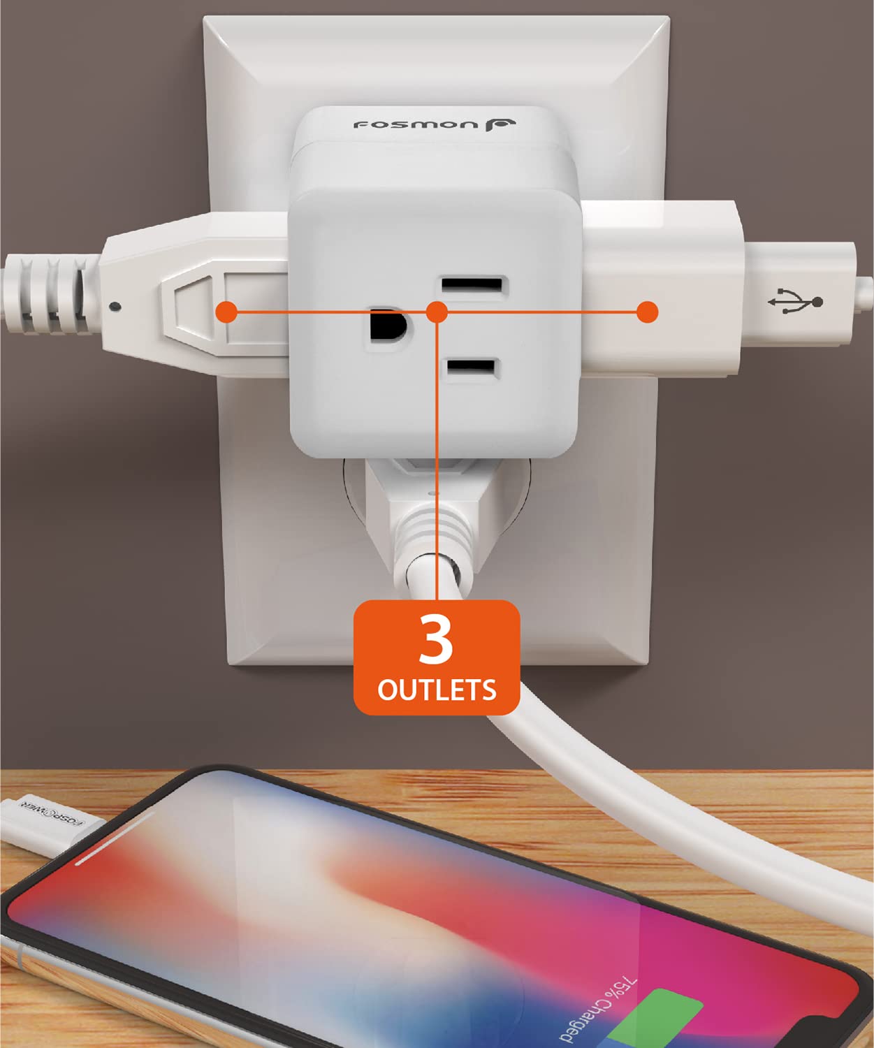 3-Outlet Extender, Fosmon 90 Degree Plug Outlet Adapter, Right Angle Power Plug Adapter 3 Prong, 3 Way Power Splitter Cube Tap,