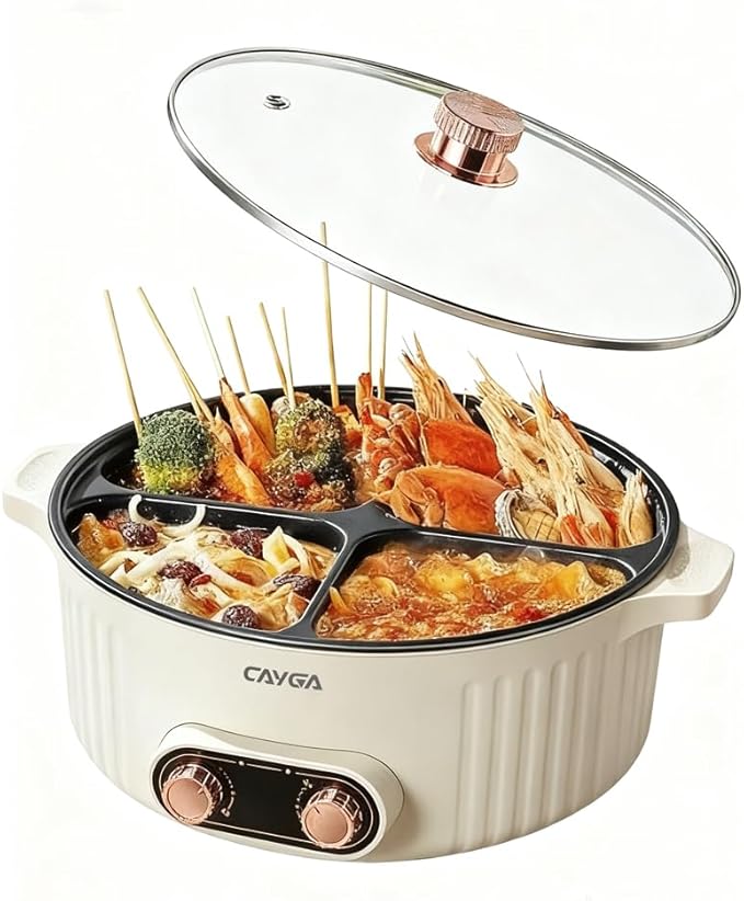 Electric Hot Pot Cooker with Divider, 4 Compartment Hotpot Pot, 2000W Shabu Shabu Pot Electric with Non-Stick, 5Qt Hot Pots for Indoor Cooking, Family Party