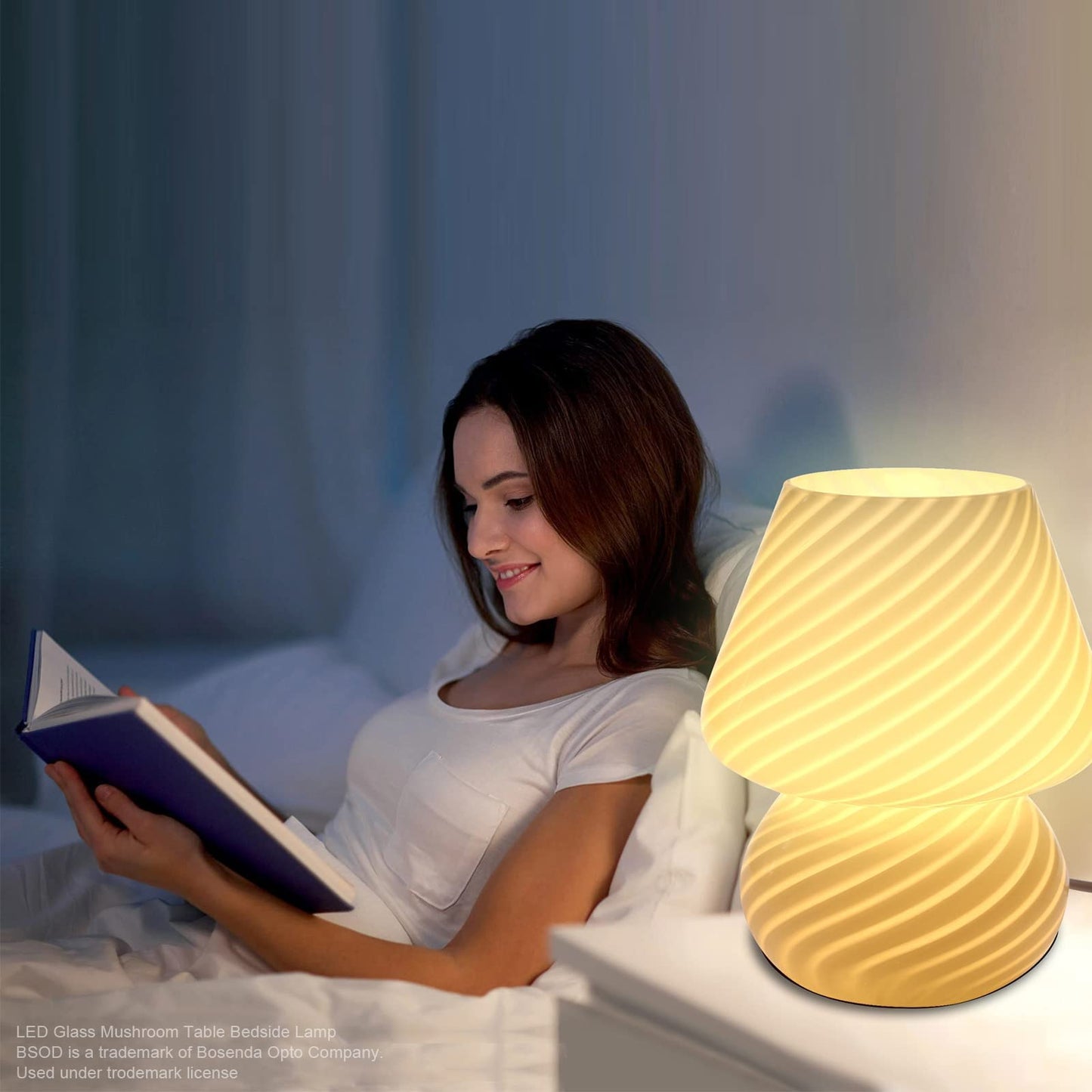BSOD Mushroom Lamp - Glass Table Bedside Light, Cute Small, Stripe White, Murano Vintage Style, Model Bsod-SW-Mushroom-Lamps