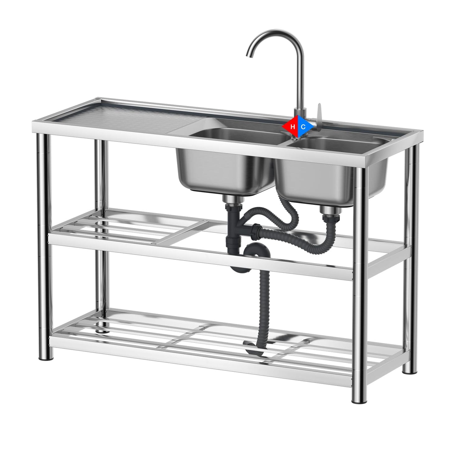 DuyviSteil 2-Compartment Commercial Sink, Stainless Steel Utility Sink with Dual-inlet Configuration Faucet Workbench & Storage, Free Standing Double Bowl for Restaurant, Garage, Shop, Outoor(47in)
