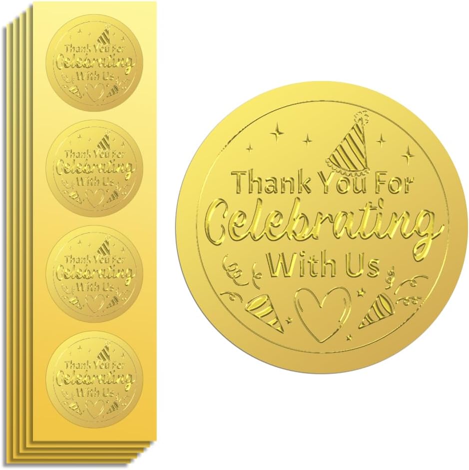 Peacoblue Gold Foil Stickers Seals Embossed 2 Inch 100Pcs Thank You for Celebrating with Us, Self Adhesive Gold Around Embossing Sticker for Thanks Gift Card Envelope Seal Present Invitation Decor