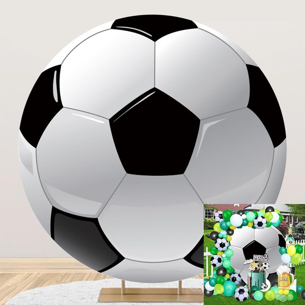 Leyiyi 7.2x7.2ft Soccer Round Backdrop Black and White Round Backdrop Cover Sports Theme Football Background for Kis Boys Man Birthday Party Newborn Soccer Gender Reveal Party Decoration Banner