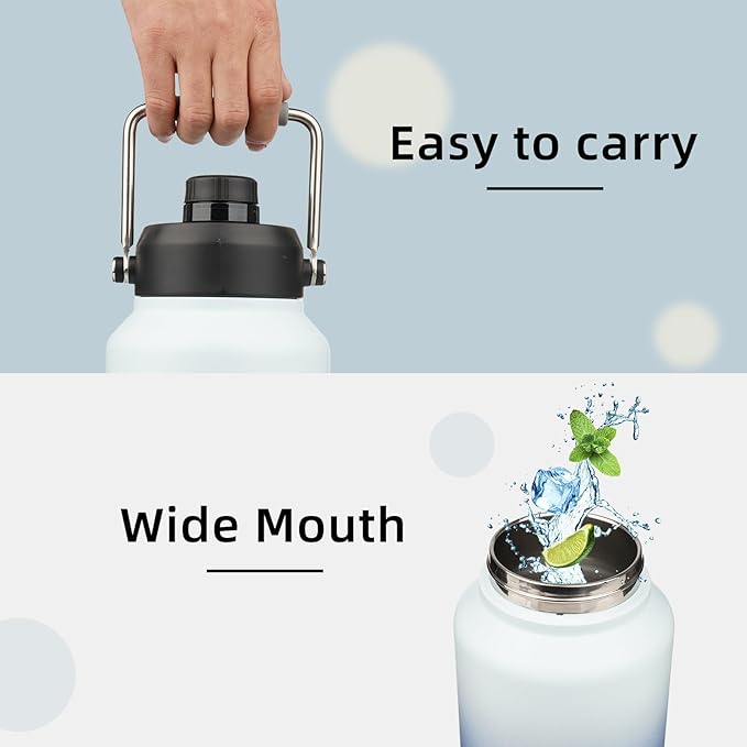 1 Gallon Jug with Handle,128 oz Insulated Water Bottle with Carrying Pouch, Double Wall Vacuum Stainless Steel Metal Bottle,Sky