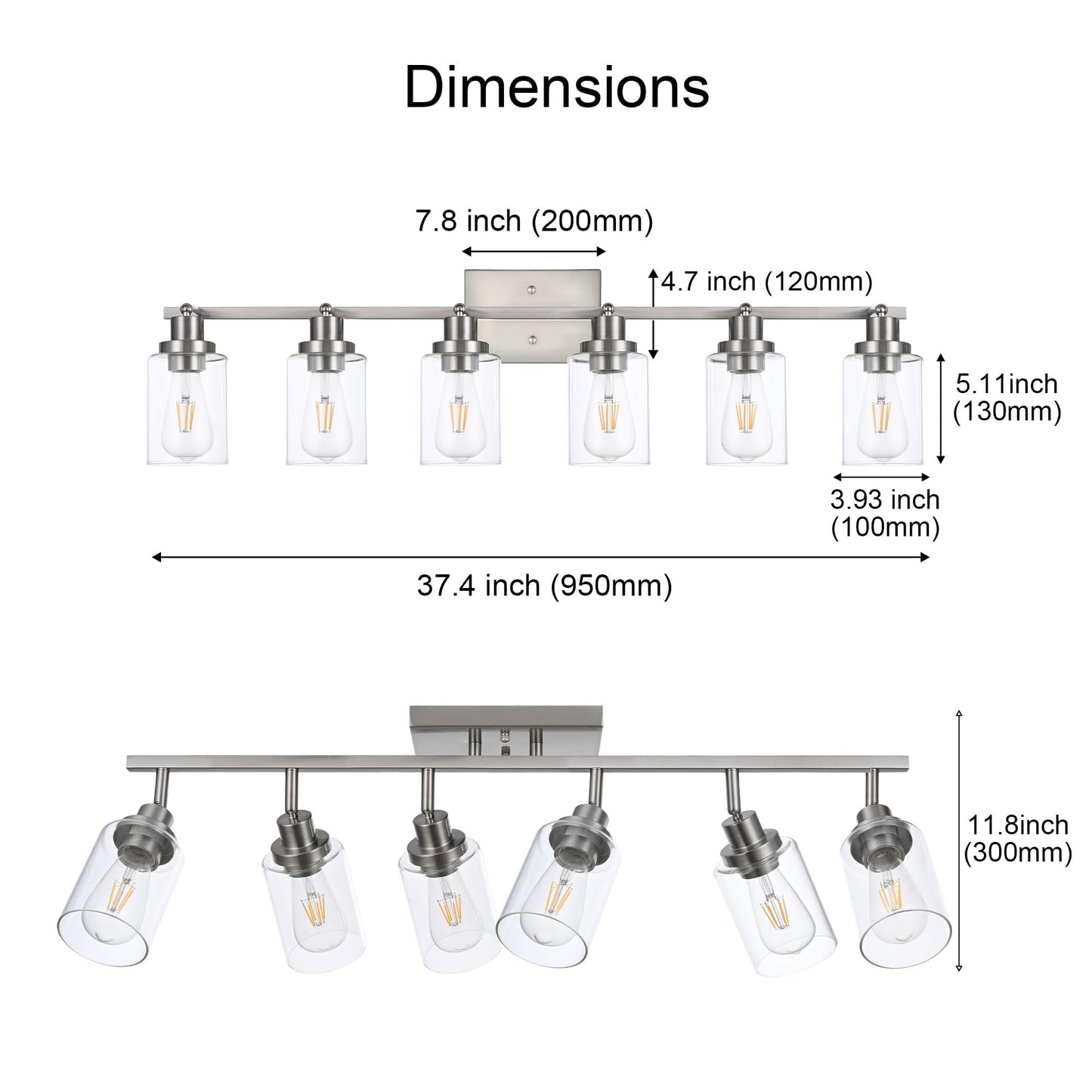 Wanluce 6 Light Track Lighting Kit Brushed Nickel Kitchen Track Lighting Fixtures Ceiling Mount Bathroom Vanity Wall Scones Light Fixture With Clear Glass  Rotatable Spotlight For Kitchen Shop Hallway