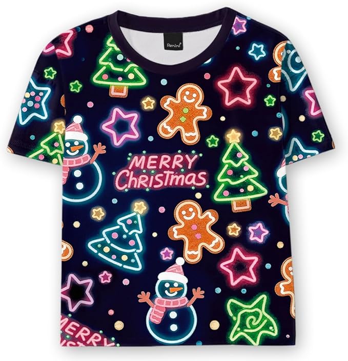 Remimi Kids Christmas Shirts Cute Print Short Sleeve Holiday Funny Xams Tops 5-14 Years
