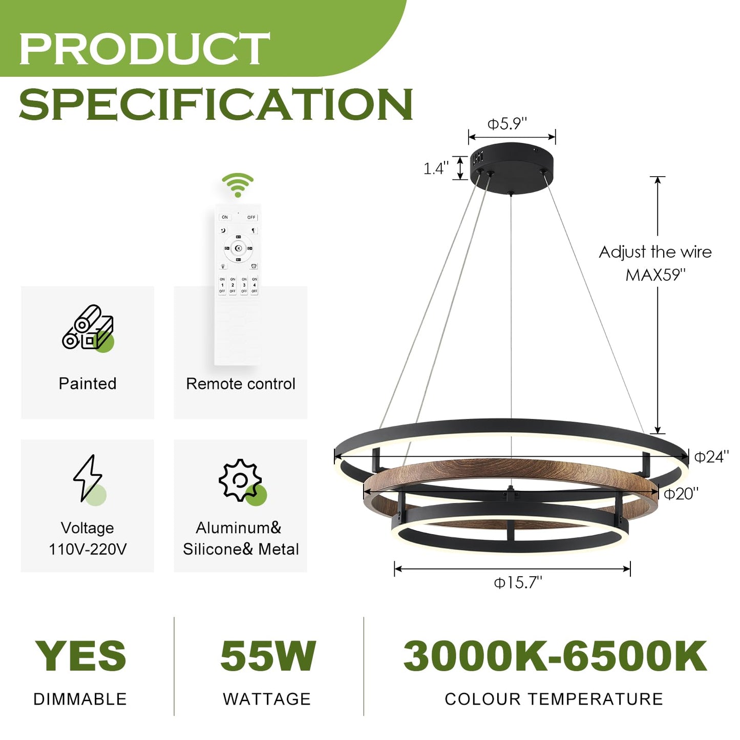 Benkut Modern LED Chandelier Pendant Light Black Dimmable 3 Rings 23.6 in Metal for Dining Room & Kitchen, Model BENKUT-D236-MODERN-BLACK
