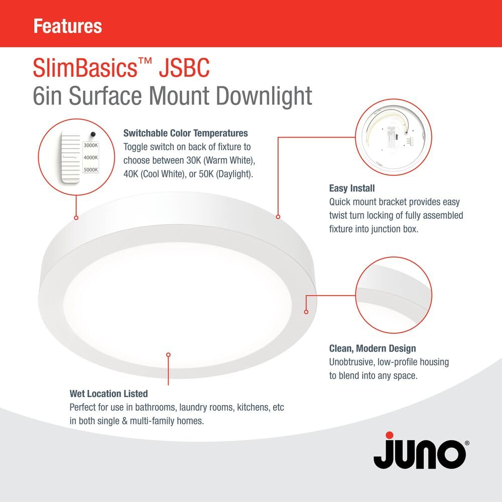 Juno Slim Basics 6 Inch Led Ceiling Light  Low Profile Surface Mount Downlight For Shower Or Closet Lighting  3000K/4000K/5000K Selectable White Light  Edged Trim  Wet Rated  Matte White