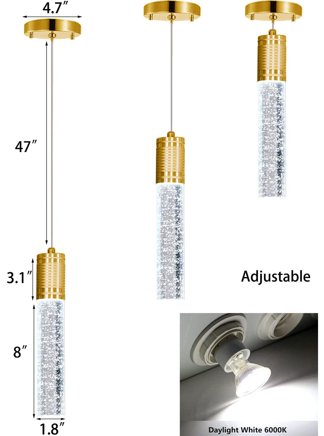 Haixiang 3-Pack Gold Led Pendant Light Fixture For Kitchen Island, Modern Metal Chandelier, Daylight Bulbs Included, Model D16806B1