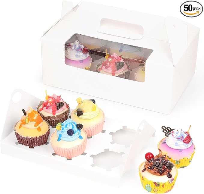FORBFAN 6 Count Cupcake Boxes, 50 Pack Cupcake Containers with Handle, Window, and Inserts – Holds 300 Standard Cupcakes, Food-Grade Gable Boxes for Muffins, Cakes, and Party Desserts