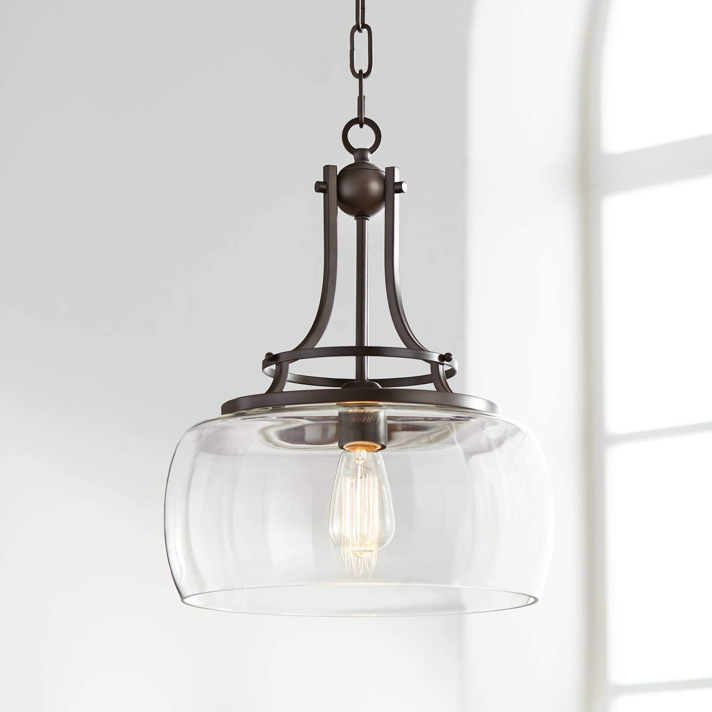 Franklin Iron Works Bronze Pendant Light - 13.5 Wide, 16 High, Clear Glass, Small Farmhouse Design For Kitchen, Dining, Living Room