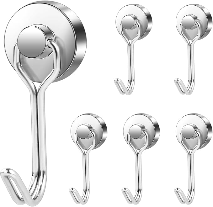 LOVIMAG Hooks, 50lbs+ Magnetic Magnet Hook 2025 Cruise Cabin Ship Essentials Heavy Duty Strong Refrigerator Fridge Hanging for Classroom Beach Vacation Kitchen Grills Home Mug Hanger (6 Pack), Silver
