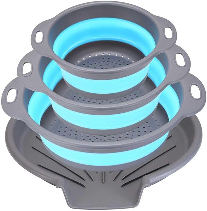 Collapsible Colander Set with Universal Draining Tray | 3-Pack Foldable Kitchen Strainers + Base | Space Saving for Pasta, Veggies, Fruit & Rice | 5 Colors (Gray-Blue)