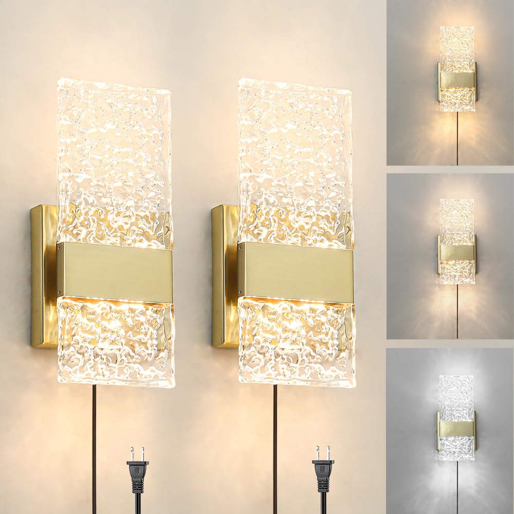 Ditoon Plug in Wall Sconce Set of 2, Brass Gold, Dimmable, Remote Control, 6W, 3000K-5000K, H9.25in