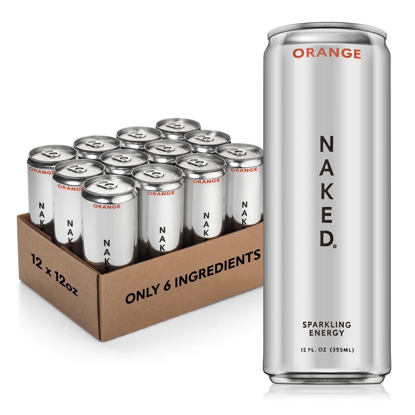 Naked Sparkling Energy Drink - Orange  Organic Caffeine  Organic Lemon Juice  Zero Sugar  No Sucralose  Naturally Sweetened  Natural Energy Drinks  Vegan  Gluten-Free  Non-GMO - 12oz Cans (Pack of 12)