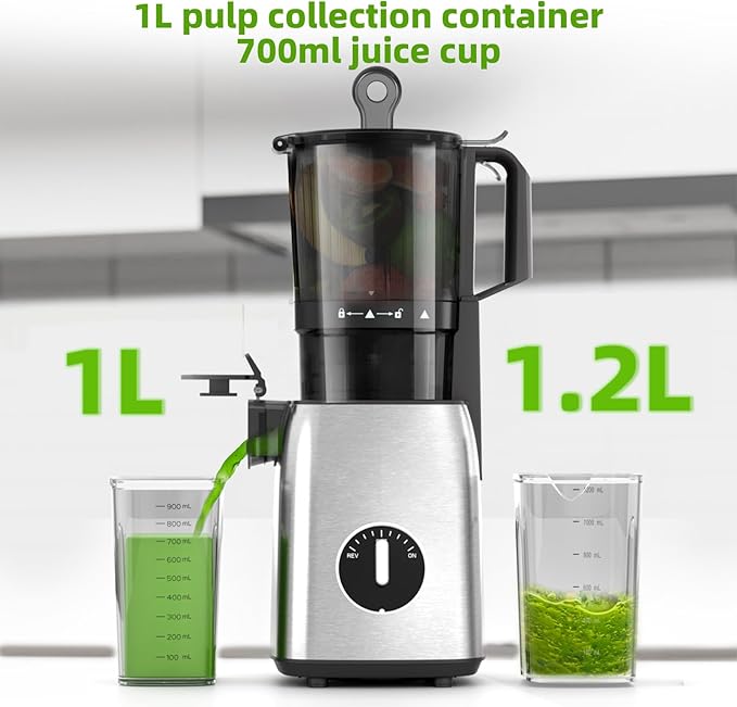 Crzoe 300W Cold Press Juicer with a 5.4 Wide Feed Chute for Whole Fruits and Vegetables,Vintage knob,Slow Masticating juicer, Easy to Clean and High juice Yield,Square body,Stainless Steel