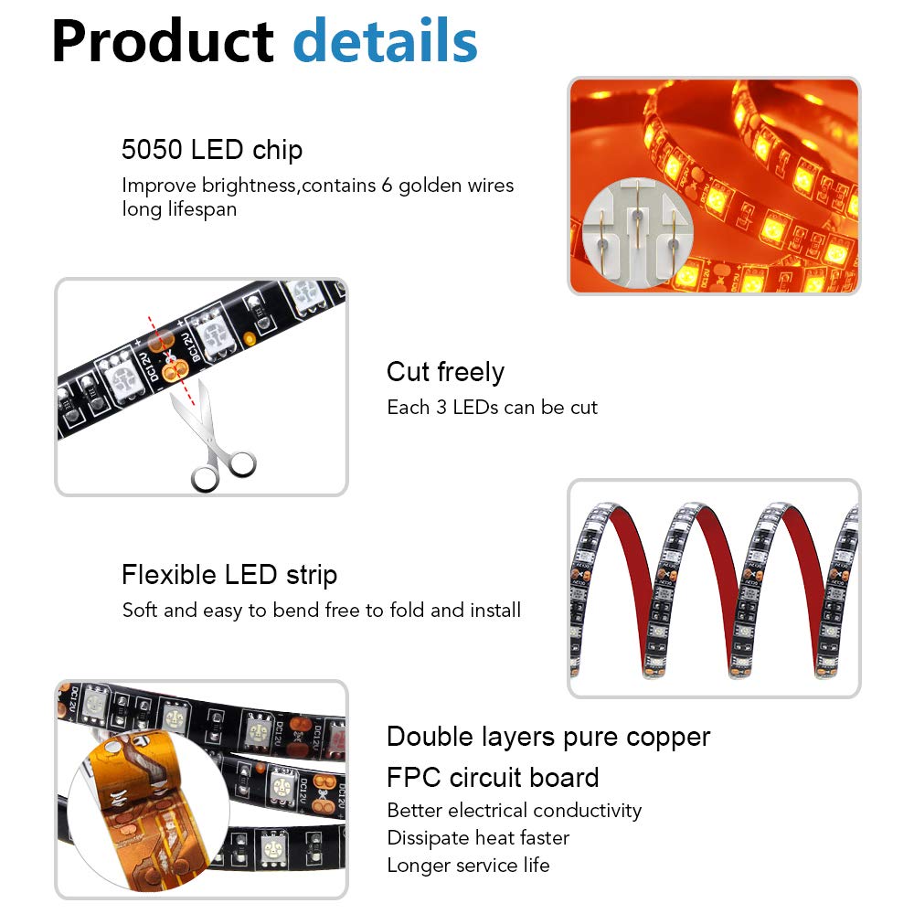 ALITOVE LED Strip Lights 16.4ft 5050 SMD Orange Waterproof IP65 12V DC Model AL5050OR300BKWP