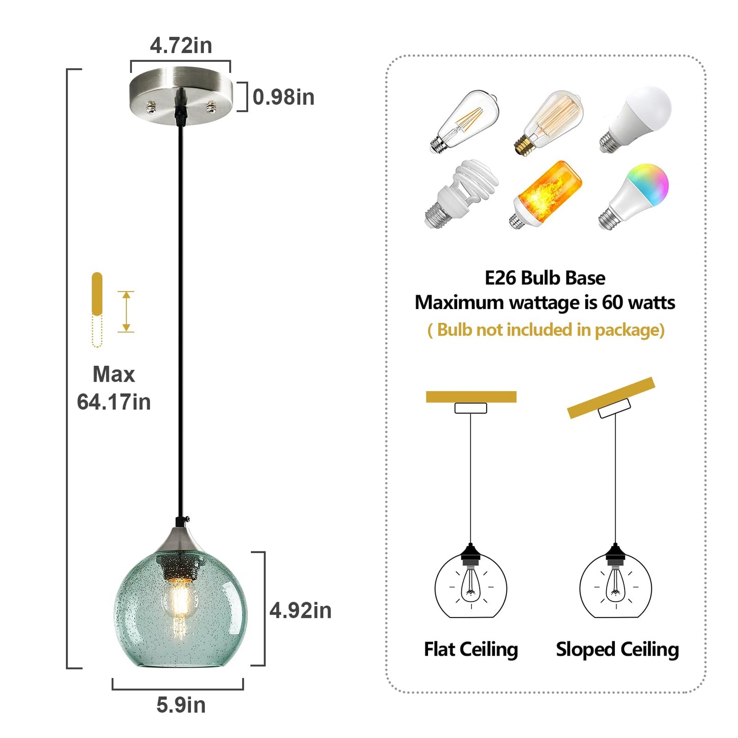 Lbsqj Light Green Glass Pendant Lights Kitchen Island Globe Pendant Light Fixtures Modern Pendant Lighting For Bedroom Living Dining Room Light Fixture (5.9 In  1 Pack)