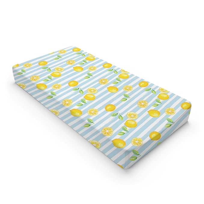 Summer Lemon Leaves Stripes Pattern Baby Changing Pad Cover, Unisex Fruits Nursery Diaper Changing Table Pad Mat Sheet for Boys Girls-16x32