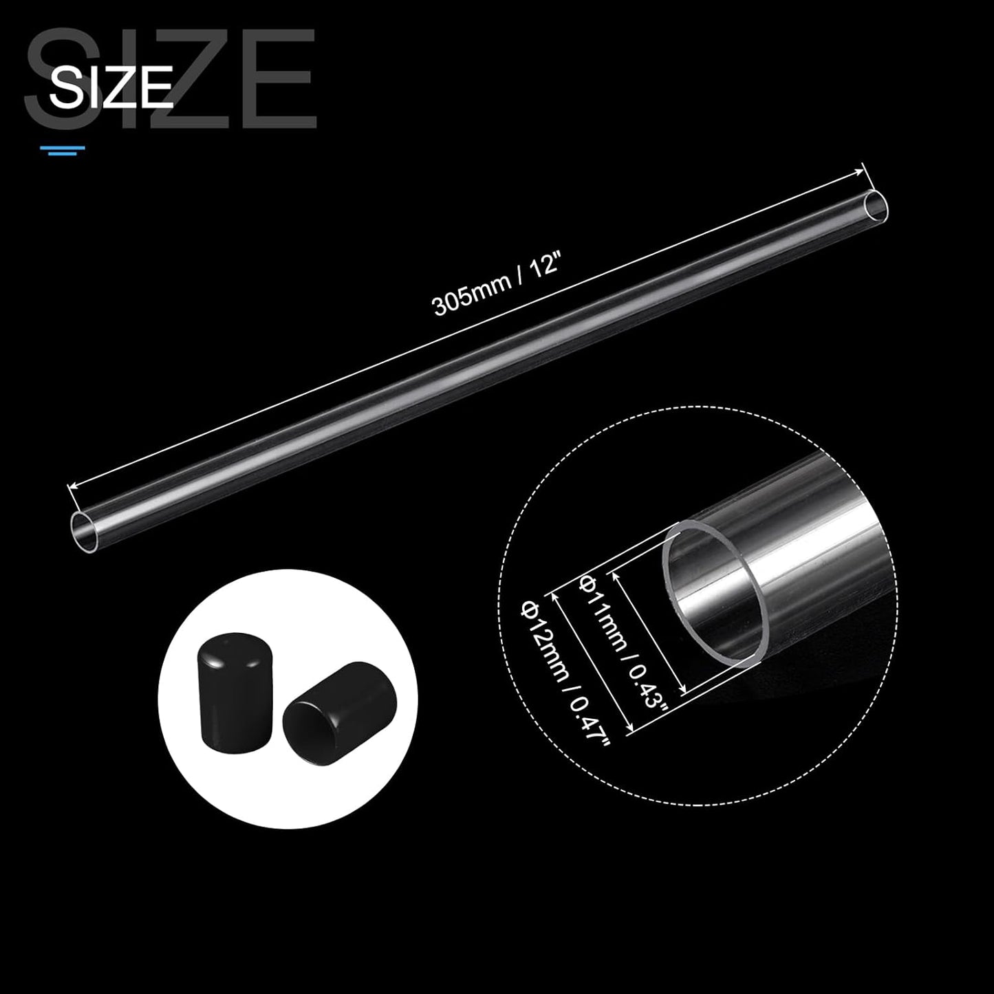 PATIKIL Clear Rigid Tube Round Plastic Tubing with Black Rubber Caps Polycarbonate Water Pipe, 305mm/ 12 Inch Length, 11mmx12mm/0.43"x0.47", 2 Set