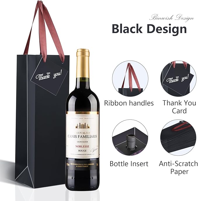 Wine Bags, 12 Packs, Strong Card Paper Wine Gift Bag with Ribbon Handles and Thank You Card, 4-3/8x 4 x 14 Fit 750ml Wine Bottle or Champagnes - Black 12