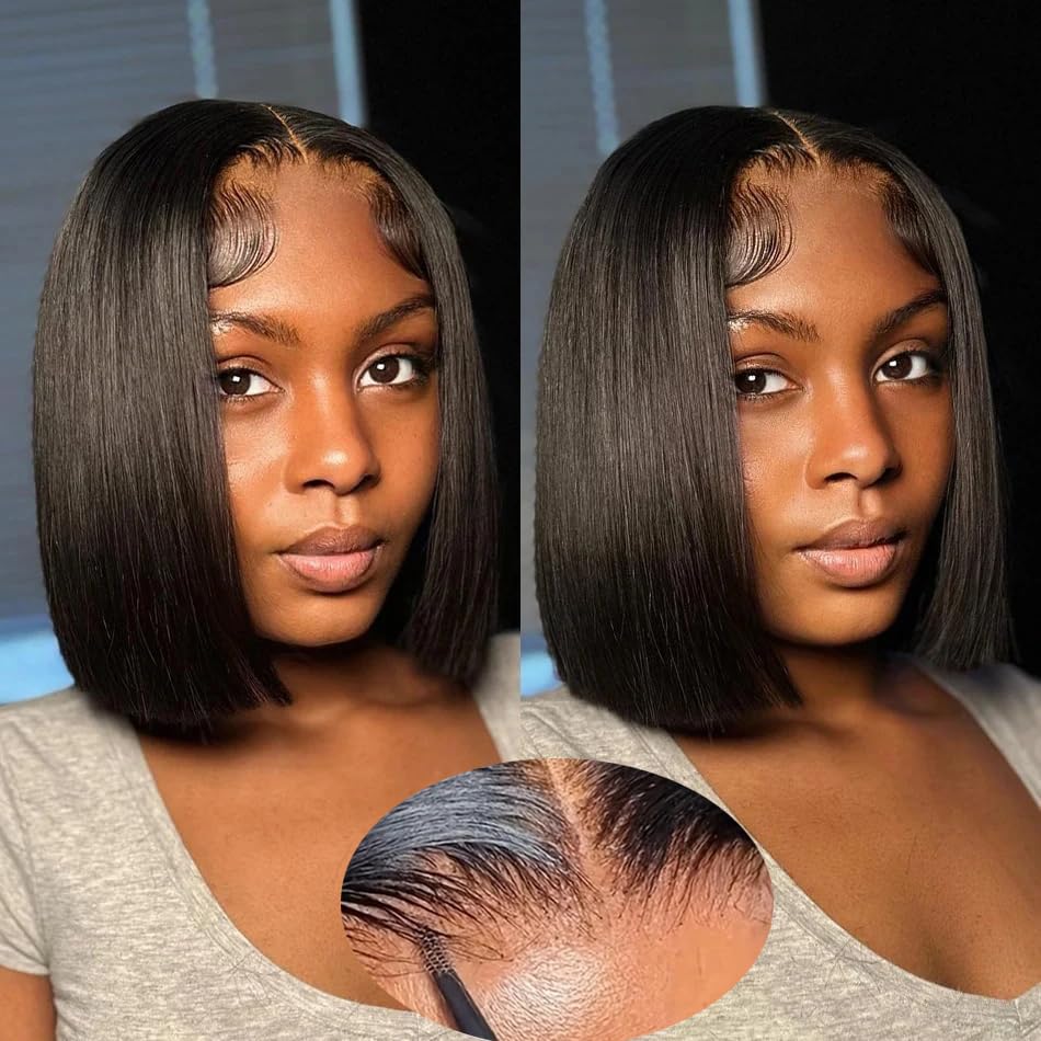 Short Bob Wig Human Hair Straight 8 inch Wear to Go 4x4 Lace Closure Bob Wigs Human Hair for Black Women Pre Plucked and Pre Cut