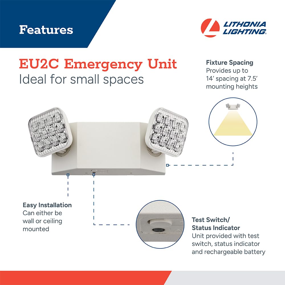 Lithonia Lighting LED Emergency Light, 90-Minute Backup, Dual Adjustable Heads, Wall Mount, Damp Rated, White, 2-Pack, Model EU2C CP2