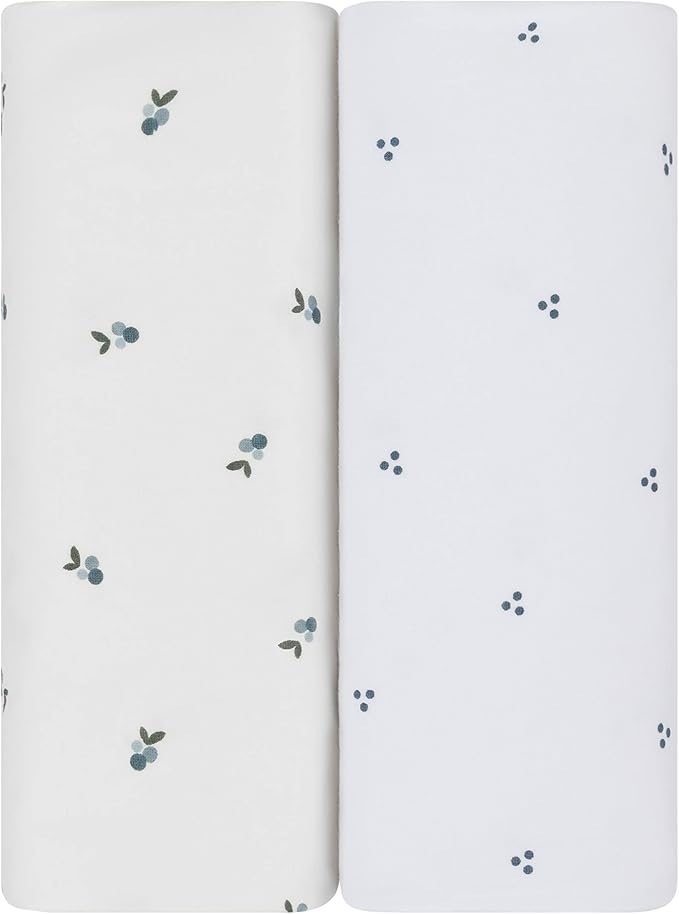 Ely's & Co. Patent Pending Waterproof Pack and Play Sheets, 100% Cotton with Waterproof Lining – 2 Pack Fitted Mini Crib Sheet Set, Berry and Cluster Dot (Blue) 38” x 24”