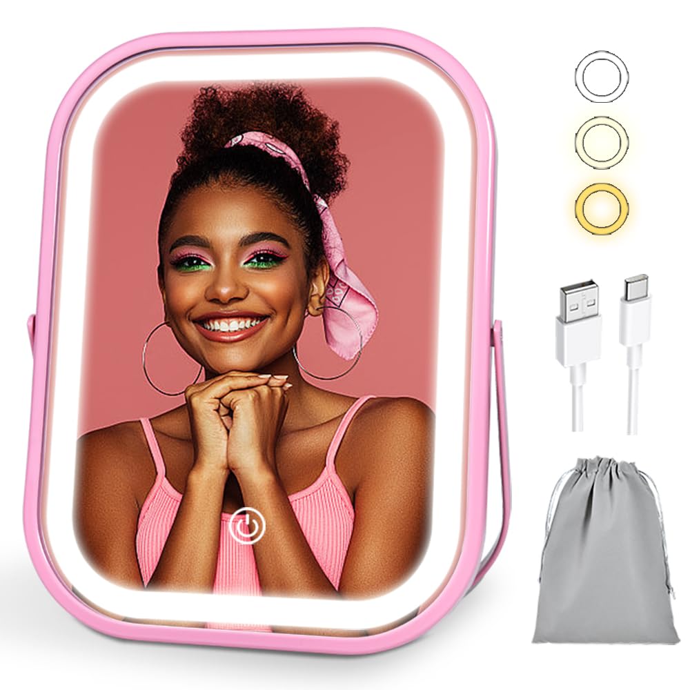 YEKKOPT Lighted Vanity Mirror, Rechargeable Travel Makeup Mirror with Lights, 8 ' 'x6 ' ' Desk Mirror with Lights,Make up Mirror