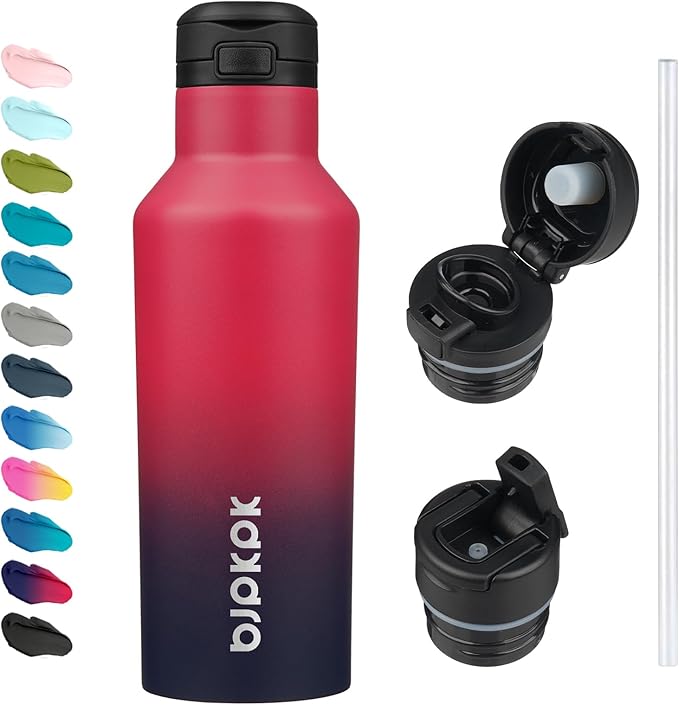 BJPKPK Insulated Water Bottle With Straw 17oz Stainless Steel Water Bottles With 2 Lids And Carry Handle Reusable Travel Metal Thermal Flask,Charming Black Red