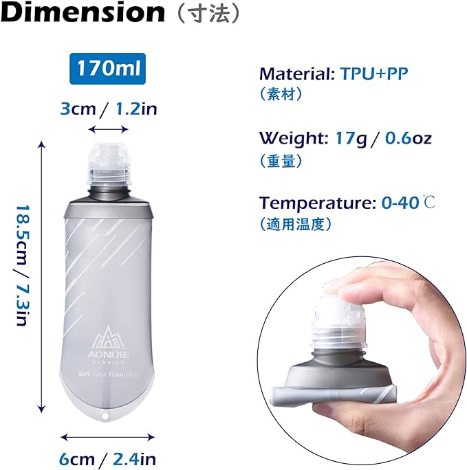 TRIWONDER Water Bottles TPU Soft Flasks Collapsible Running Flasks for Hydration Pack Backpack Hiking Cycling (170ml/5.75oz - Pack of 2)