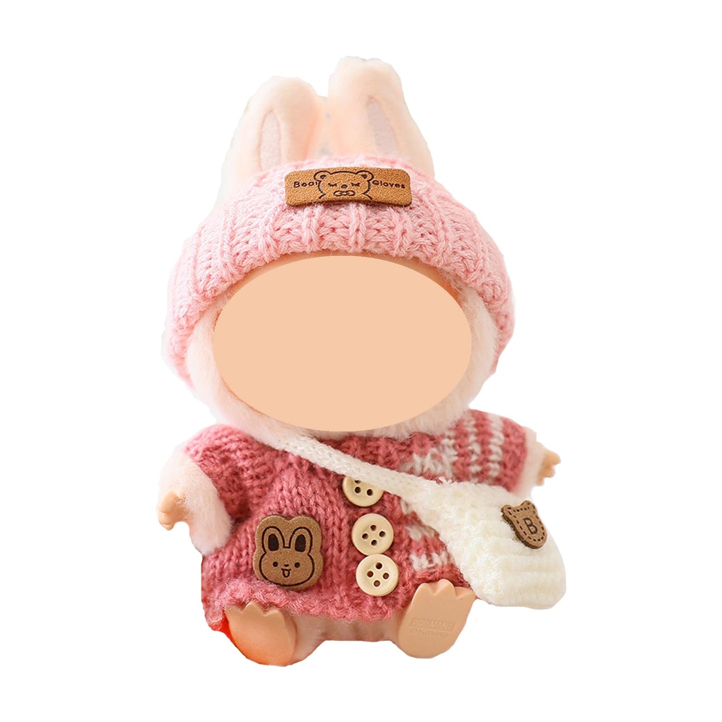 Clothes Set for Labubu (No Doll), 15cm-17cm Doll Clothing with Accessories, Cute Outfits for Dolls with Knitted Hat, Sweater and Bag (Pink)