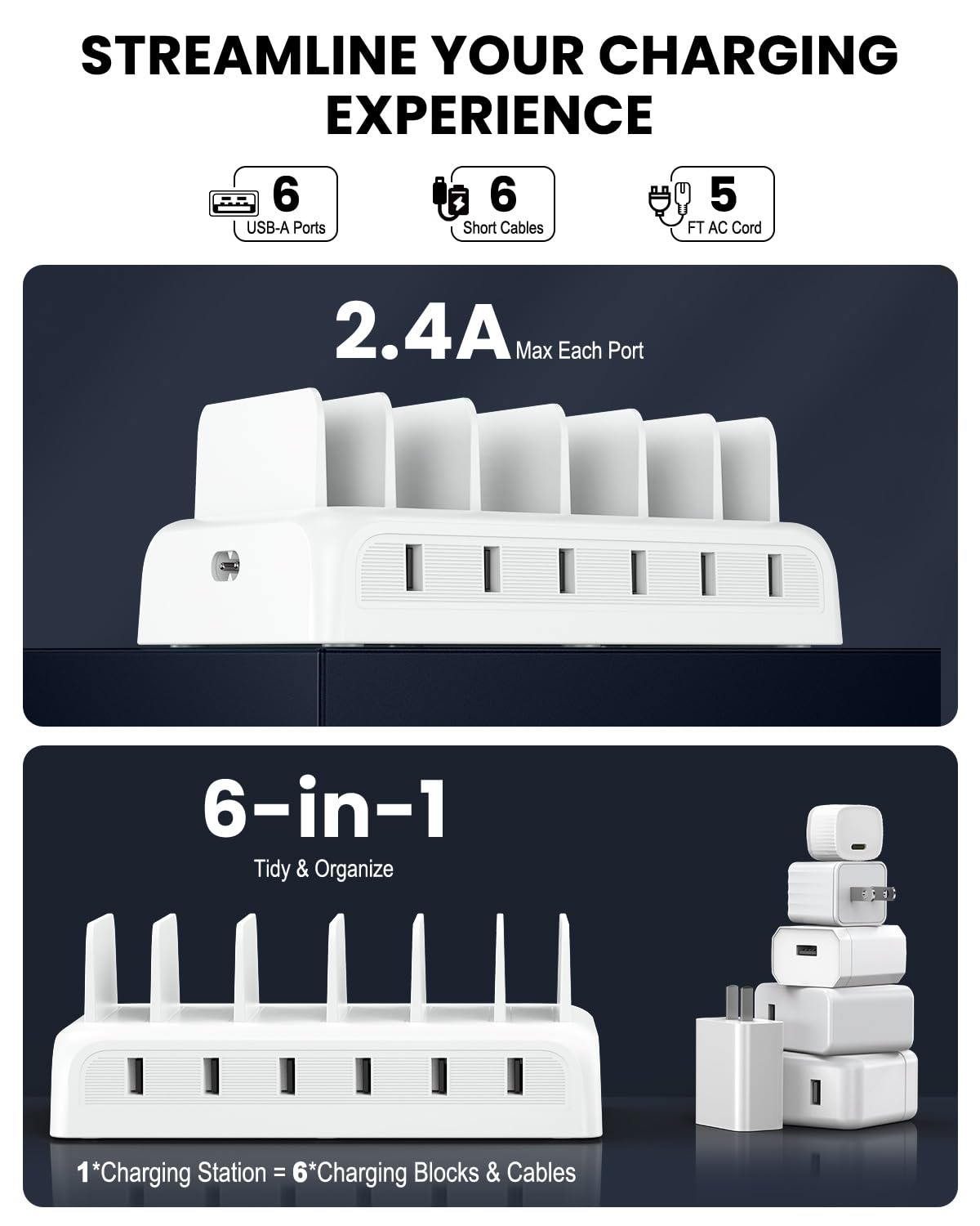 Charging Station For Multiple Devices, Honcila 50W 6 Port Fast Charger Stations For Iphone, Ipad, Cell Phone, Tablet, Multi Devi