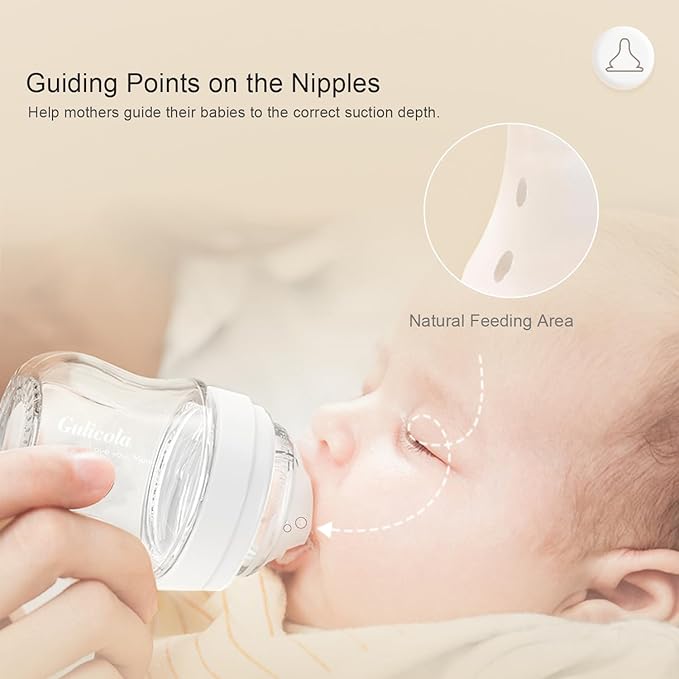 Gulicola Natural Glass Baby Bottle for Breastfeeding Babies, Newborn Anti-Colic Bottle Set with Slow Flow Nipple, 0-3 Months, 5 oz, 2 Pack - Pink