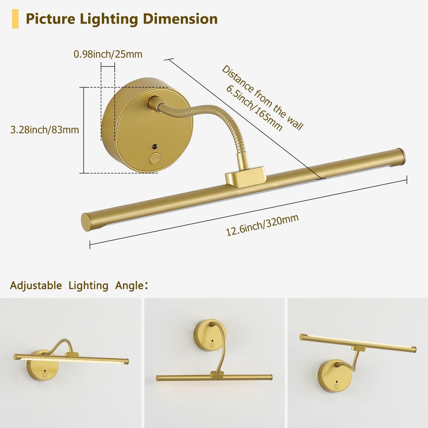 Picture Lights For Wall - Wireless Rechargeable Led Light With Remote  Adjustable Arm  Gold Battery Operated Display Lighting For discomfort-reducingtings  Bedroom  Gallery Wall D?Cor (Gold  12.6 Inch - 1Pack)