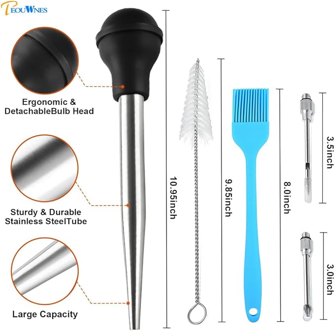 Stainless Steel Turkey Baster with Cleaning Brush & Needle, Black Meat Injector Set for Home Baking Kitchen Tool Cooking, Flavor Meat Poultry, Beef, Chicken