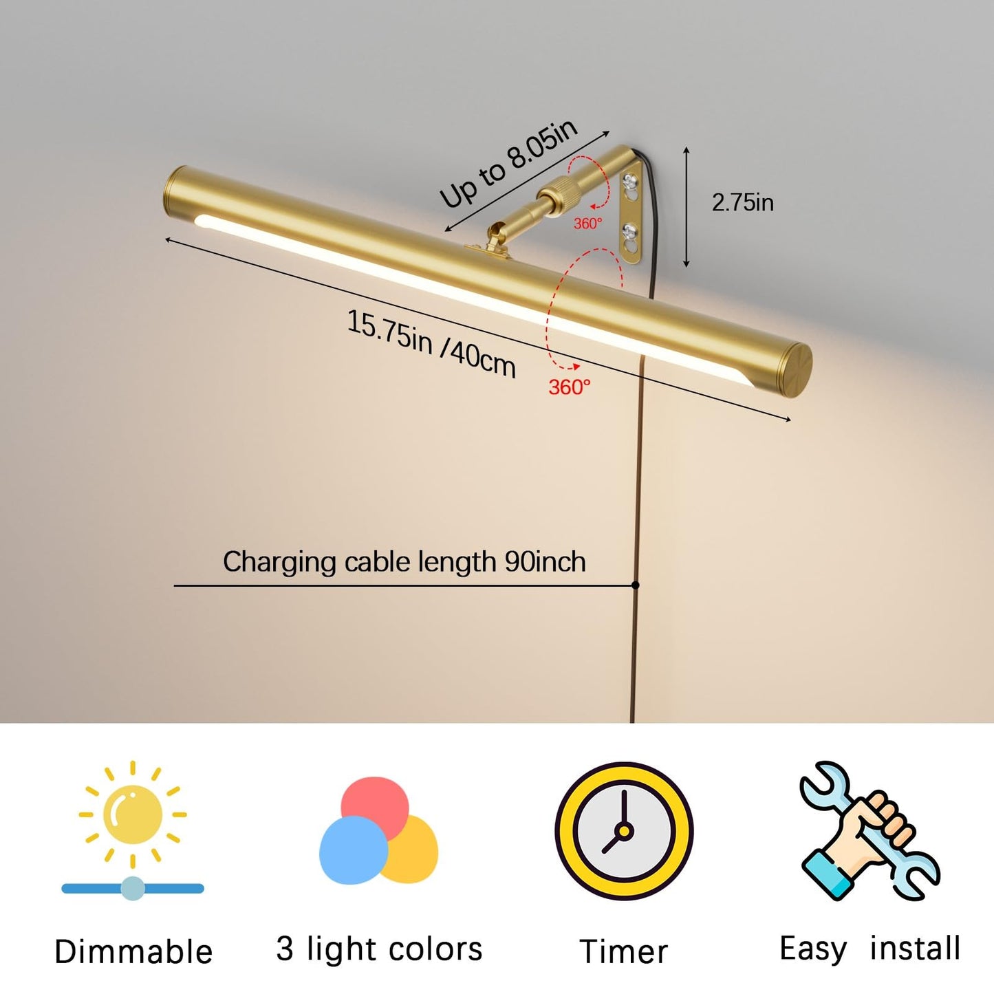 Coinmit Picture Lights for Paintings Plug in, 16" Adjustable LED Gold Picture Light Art Light, Remote Control Gallery Painting Wall Light for Picture Display Dartboard Art Work (Gold)