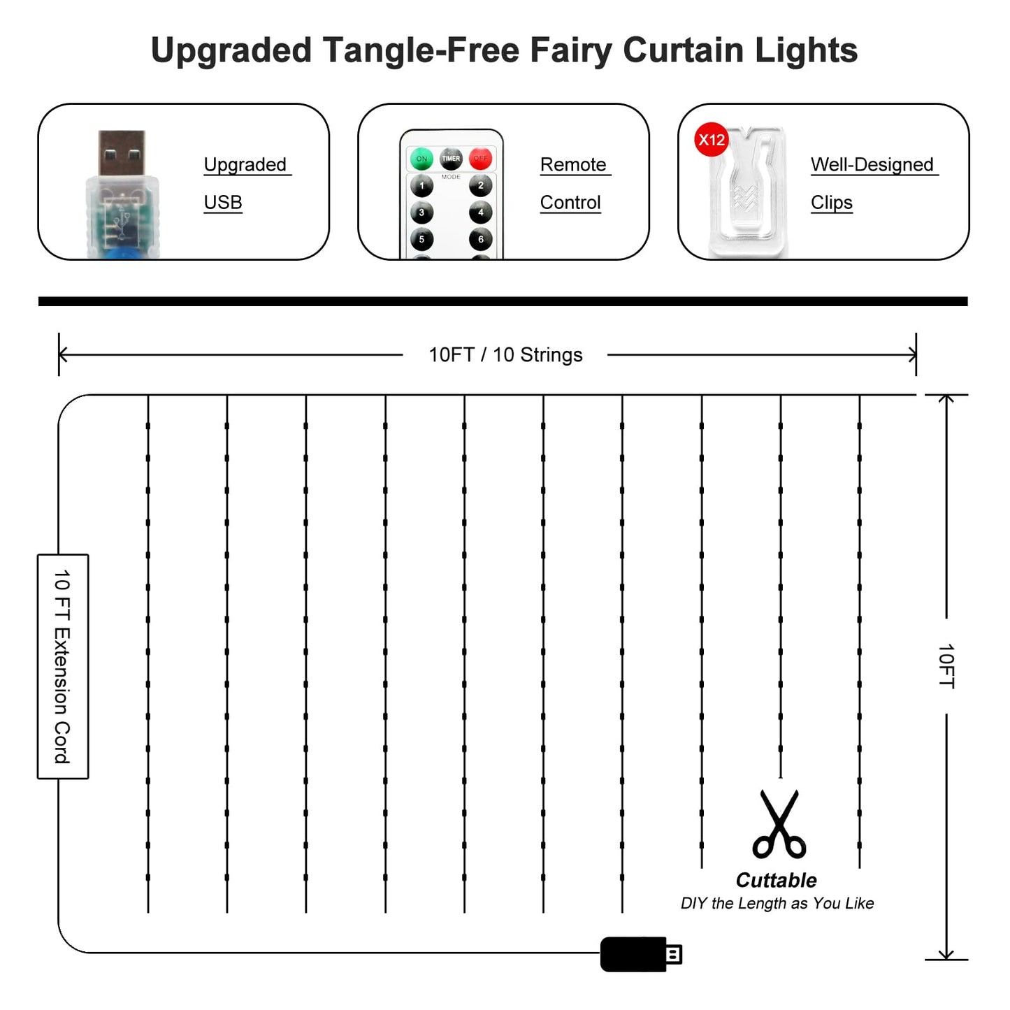 Holits 2 Pack Fairy Curtain Lights Upgraded Tangle-Free Warm White Usb Plug In 8 Modes String Hanging Lights With Remote For Christmas  Bedroom  Indoor  Outdoor  Weddings  Party (10 Ftx10 Ft)