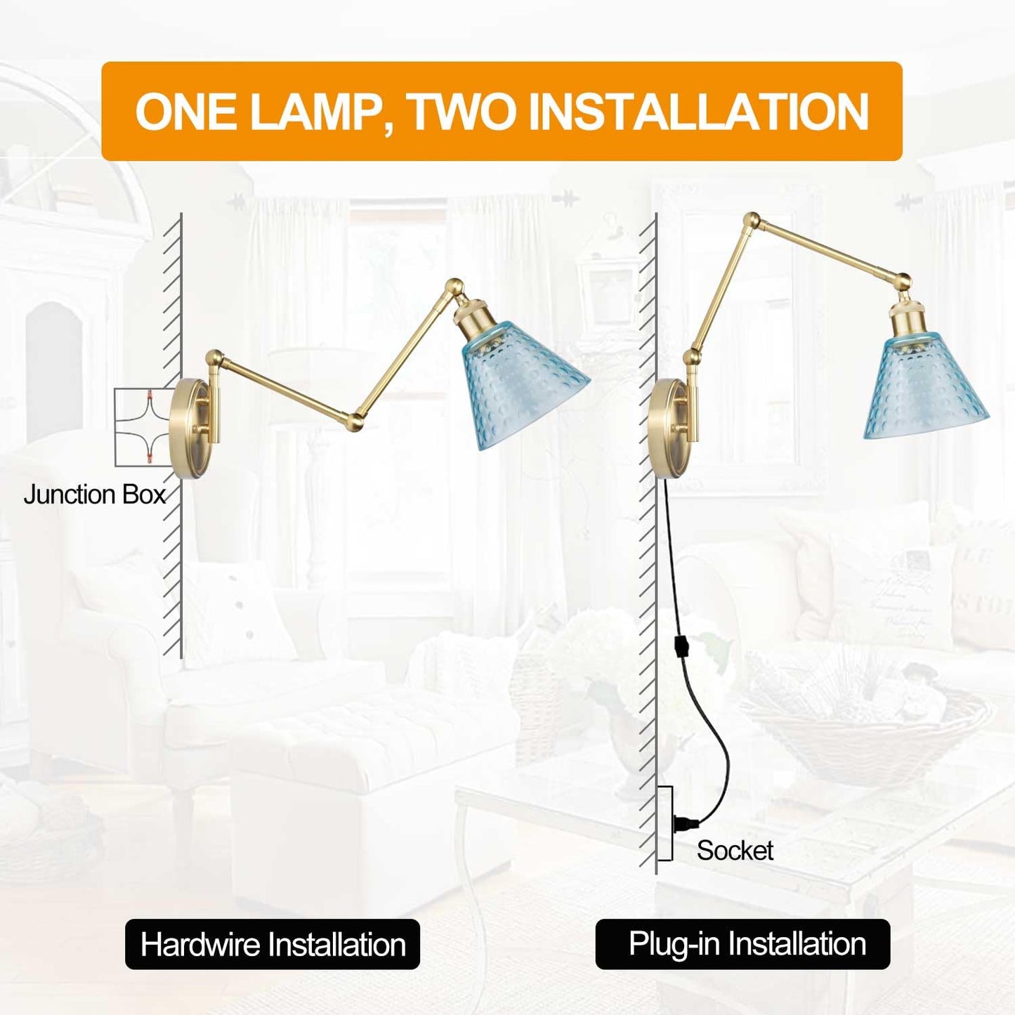 BARSUNS Swing Arm Wall Sconce Set of 2, Metal, Gold & Blue, Adjustable Brightness, Remote Control, Model BS-WL351YB-B2