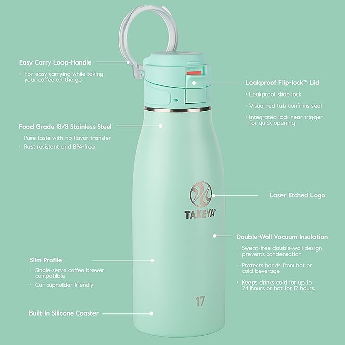Takeya 17 oz Traveler Stainless Steel Insulated Travel Coffee Mug with Locking Leak Proof Lid, Premium Quality, BPA Free, Dodgeball Grey