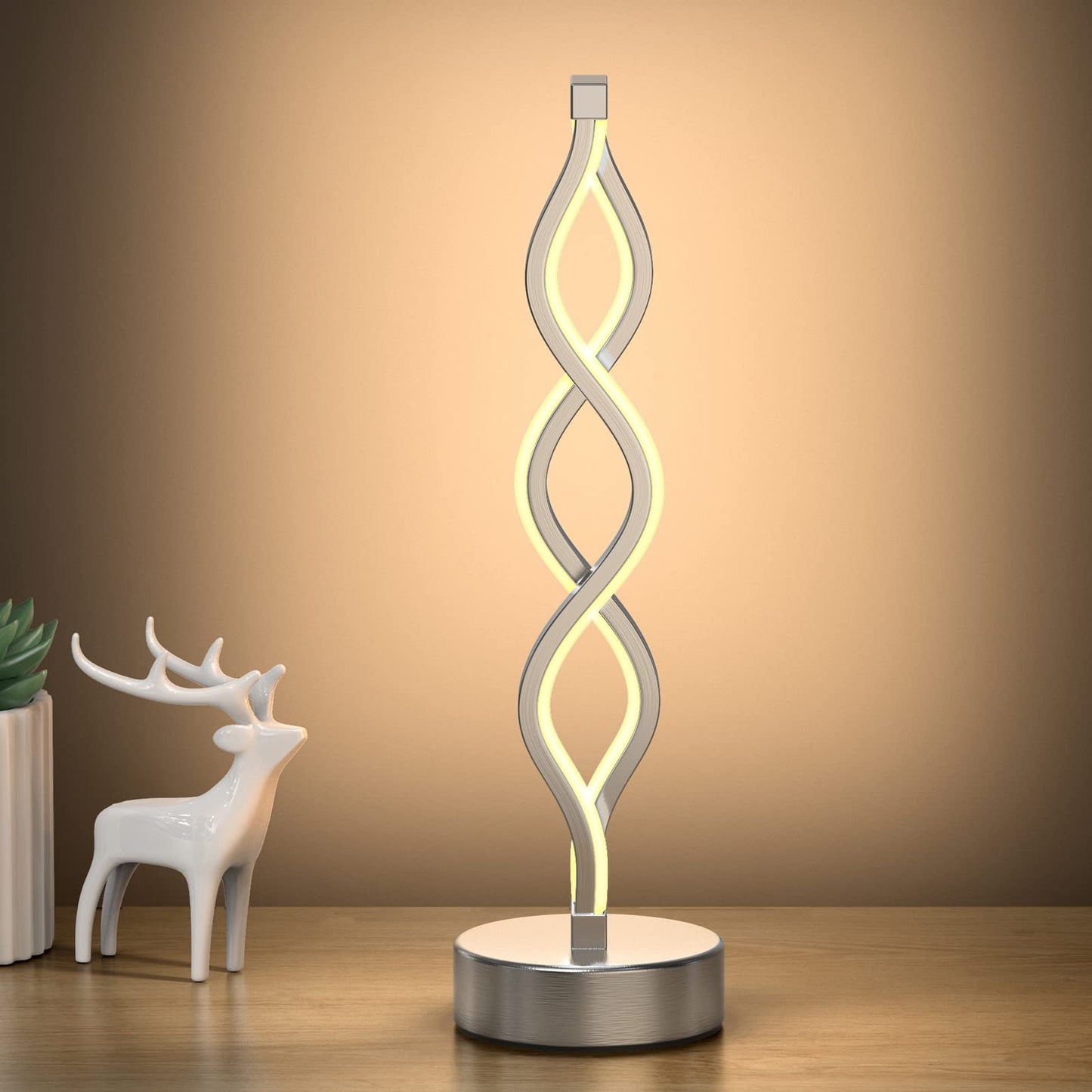 NUÜR Infinity Spiral LED Table Lamp, Dimmable, 15.8 Inch, Silver, Touch Controller, 3 Colour Temperatures, Decorative for Home
