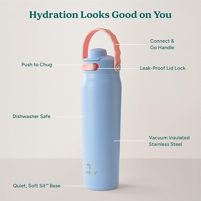 REDUCE Aura Vacuum Insulated 26 oz Water Bottle - Leak-Proof & Chug Spout for Quick Hydration - Keeps Drinks Cold for 30 Hours - Removable Handle for Travel or Gym - Soft Sit Base - Glacier