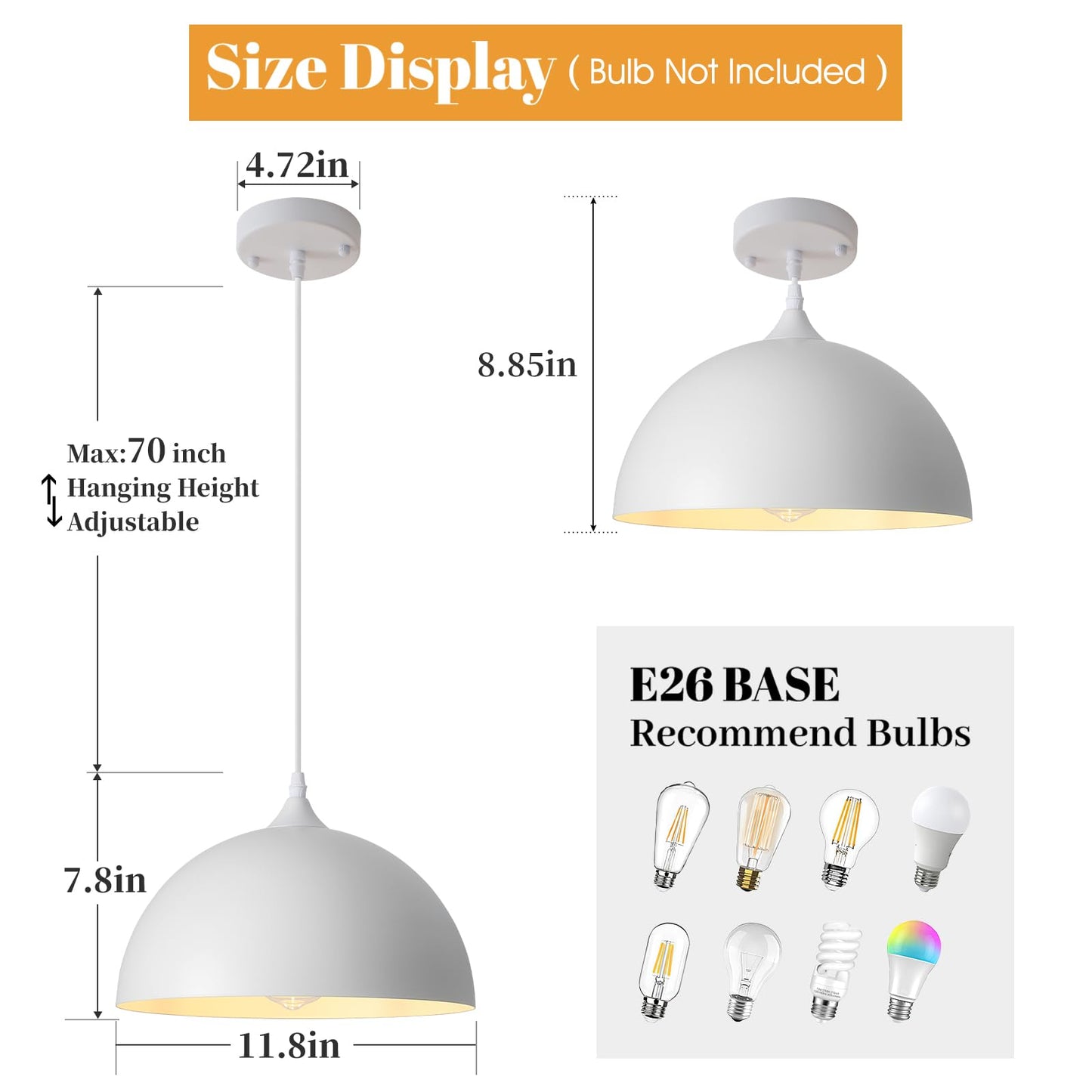 Pindodo White Pendant Light 3 Pack 11.8 Inch Industrial Pendant Lights Adjustable Height  Farmhouse Pendant Lighting For Kitchen Island For Dining Room  Bedroom  Barn