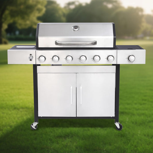 6-Burner Propane Gas BBQ Grill with Side Burner, 57,300 BTU Output, Enameled Cast Iron Grates, Heavy-Duty Stainless Steel Outdoor Grill for Backyard Barbecue