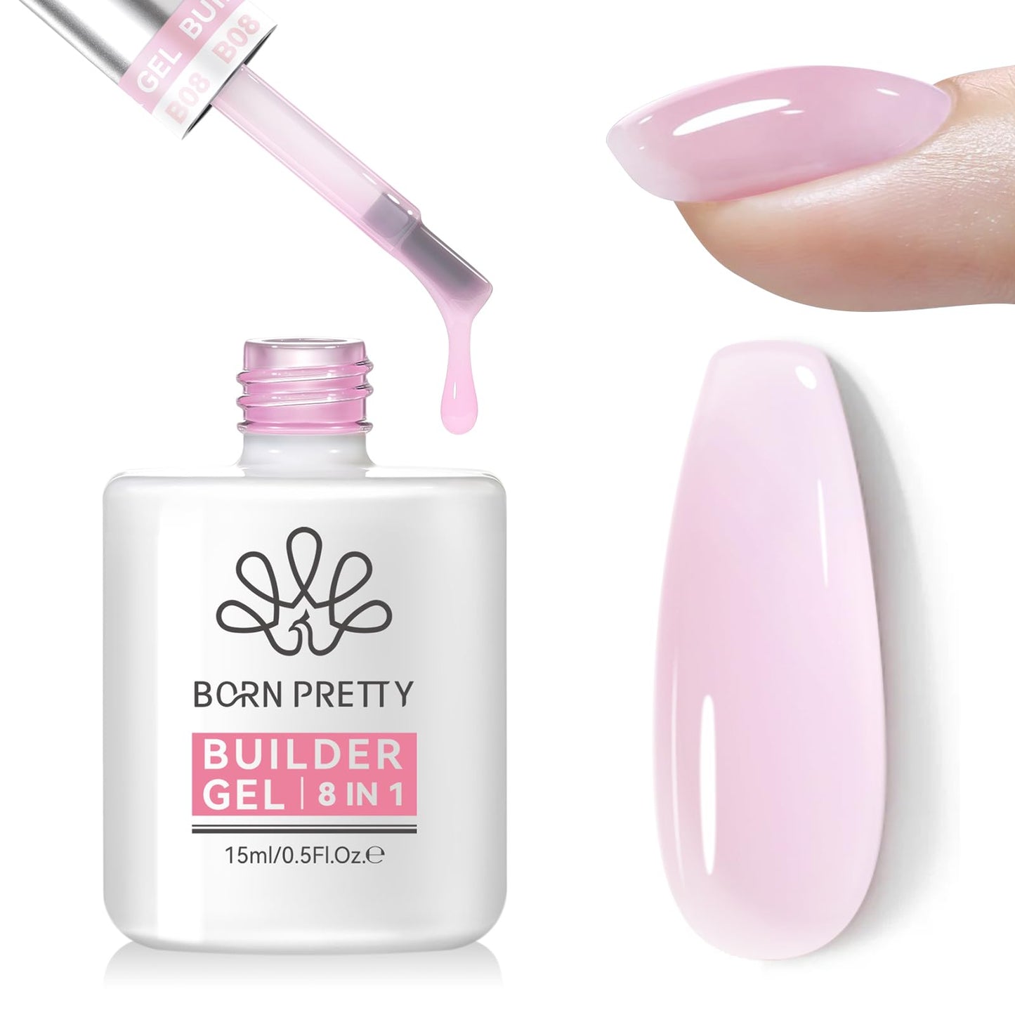 Born Pretty Builder Gel for Nails 15ml,8-in-1 Hard Gel for Nail Extensions, Apex Building, Base Gels & Strengthener,Light Pink R