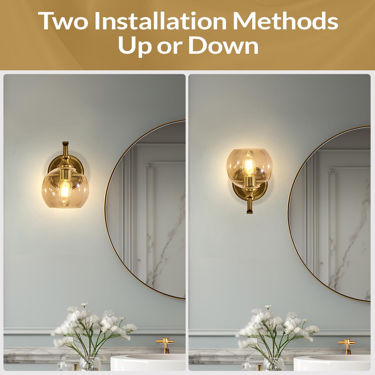Andy Star Brushed Gold Bathroom Light Fixtures  Brass Vanity Lights For Mirror  1-Light Bathroom Wall Sconces Lighting With Globe Clear Shade Up Or Down Wall Mounted For Kitchen  Living Room  Hallway