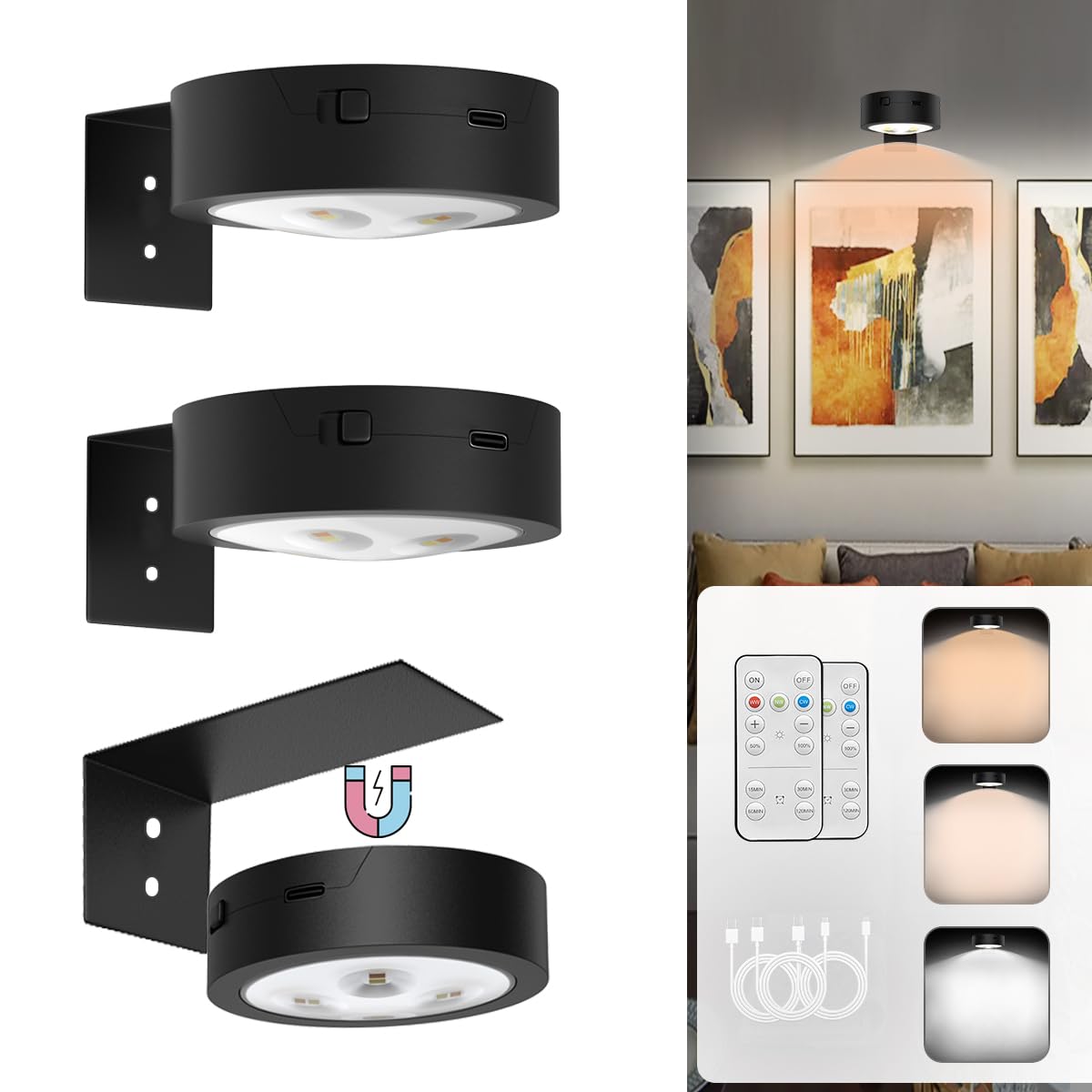 Picture Lights Rechargeable Battery Operated Wall Art Lights,Wireless Magnetic Painting Light with Remote,LED Timer&Dimmable Picture Frame lights for Artworking Picture Wall Decor(Black, 3Pack)
