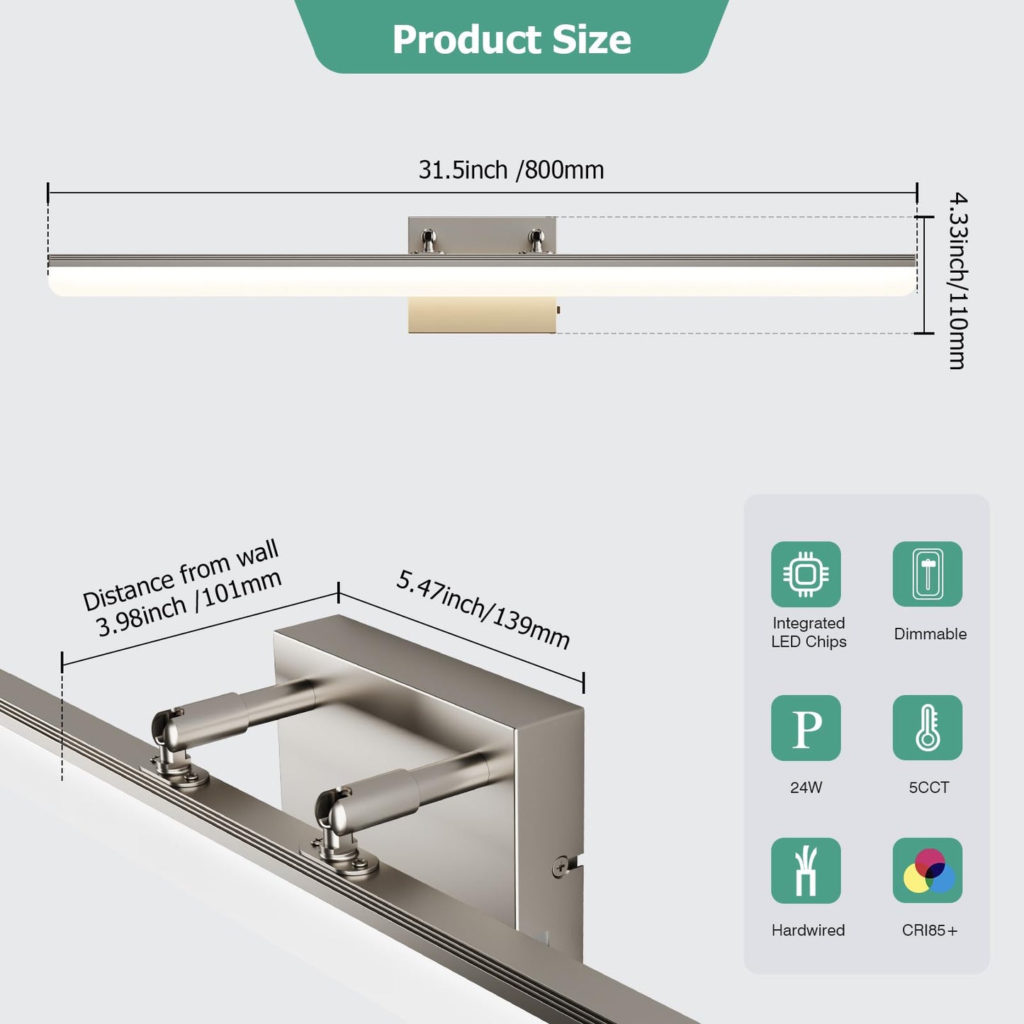 KELIDEN Brushed Nickel Vanity Light 31.5", 24W LED Dimmable Bathroom Light Bar with Adjustable Angle & 5CCT – Modern Long Wall Fixture for Bathroom, Powder Room, Bedroom, Apartment, Hotel