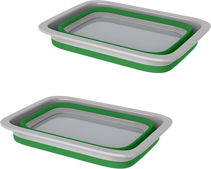 Set of 2 Multipurpose Wash Bins – 10-Liter Basins for Camping, Parties, or Cleaning – Collapsible Bucket Set by Wakeman (Green)